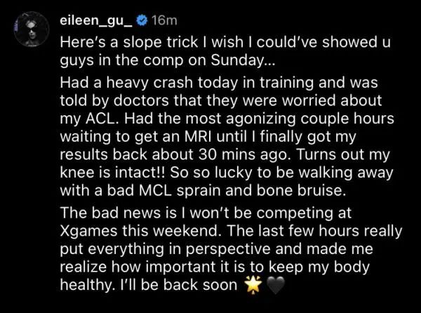 谷爱凌:哭了30分钟,膝盖受伤退出世界极限运动会 谷爱凌:哭了30分钟,膝盖受伤退出世界极限运动会