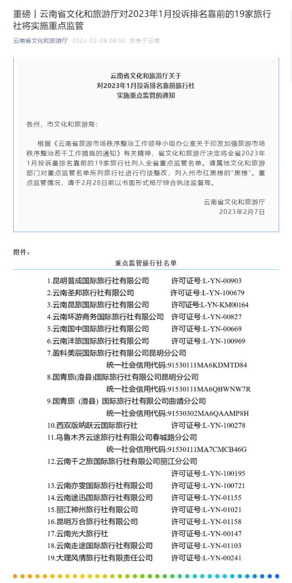 约谈整改从严查处，云南将19家旅行社纳入黑榜
