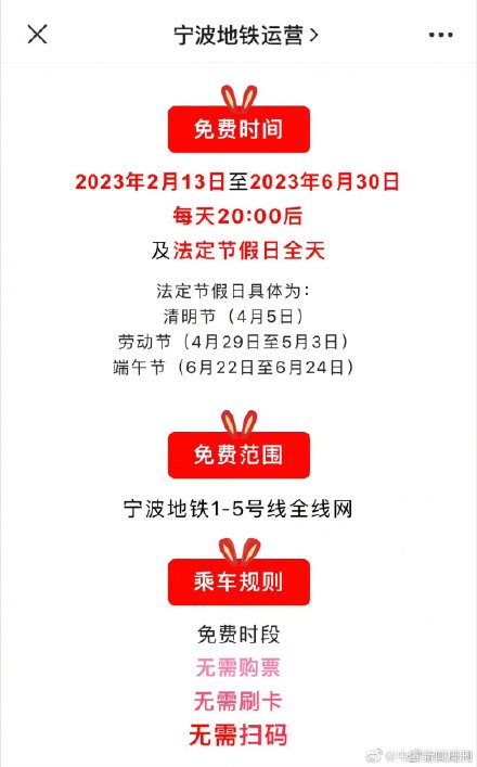 宁波地铁每晚8点后及节假日免费 免费时间为2月13日至6月30日