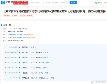 丝芭传媒坤音娱乐侵权纠纷二审将开庭,此前一审中止诉讼 丝芭传媒坤音娱乐侵权纠纷二审将开庭,此前一审中止诉讼