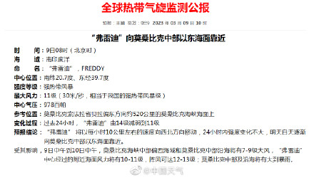 刷新纪录!“弗雷迪”成全球史上最长寿热带气旋
