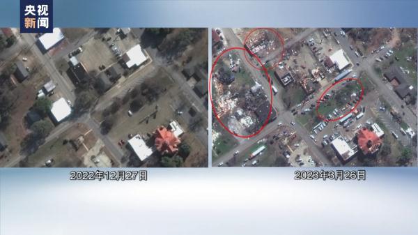 卫星图片显示美国密西西比州龙卷风重灾区一片狼藉