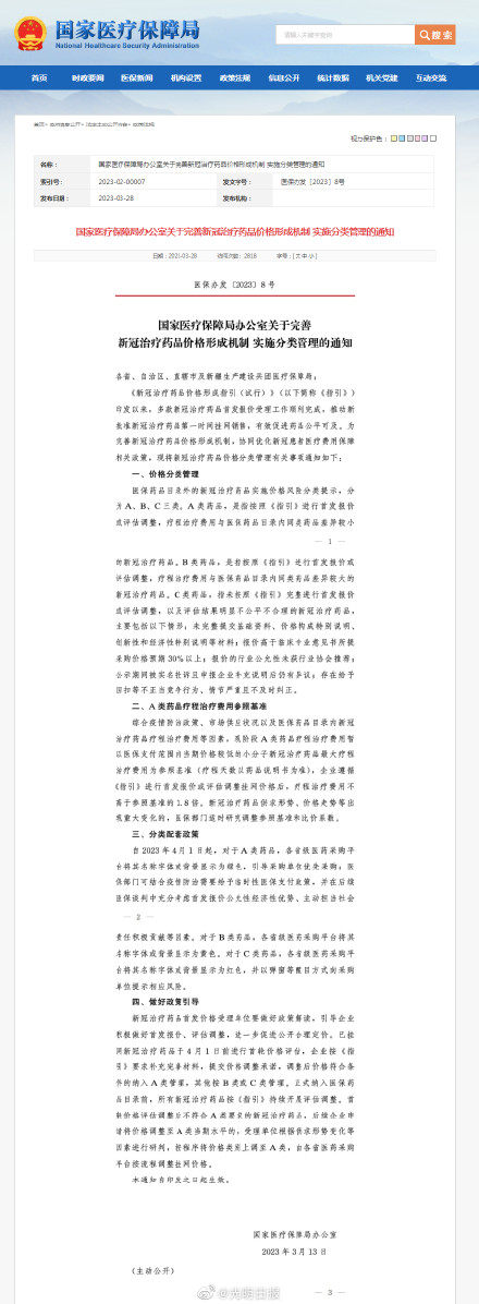 国家医保局:对医保药品目录外新冠治疗药品实施分类管理 A类优先采购 国家医保局:对医保药品目录外新冠治疗药品实施分类管理 A类优先采购
