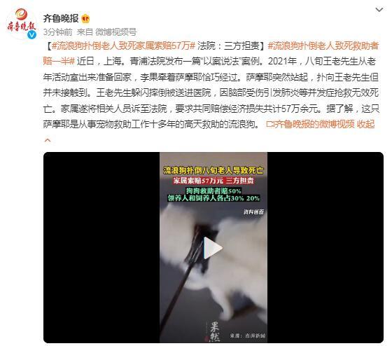 流浪狗扑倒老人致死家属索赔57万 法院：三方担责