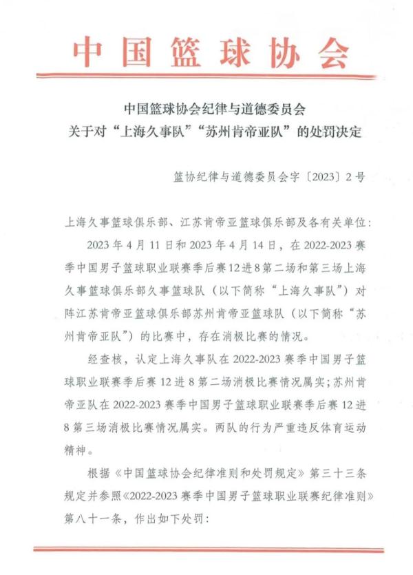 这两队消极比赛，中国篮协公布处罚决定