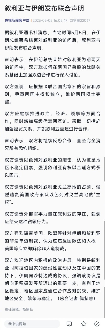 叙利亚与伊朗发布联合声明