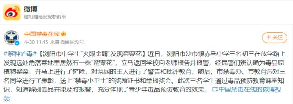 浏阳初中生这一举动，获公安部禁毒局点赞！