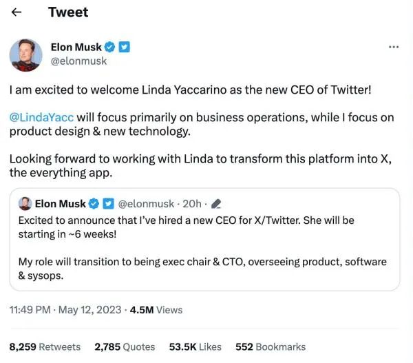 马斯克任命推特新CEO