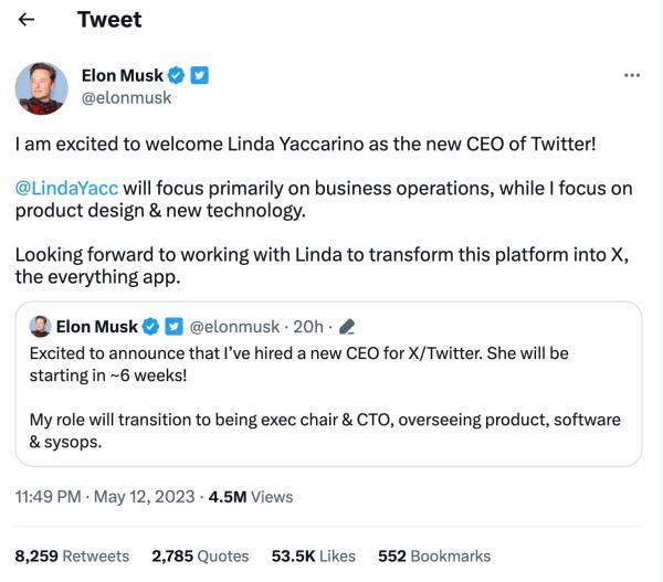 马斯克任命推特新CEO,称将与其把推特打造成“万能平台” 马斯克任命推特新CEO,称将与其把推特打造成“万能平台”