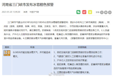 河南一地发布冰雹橙色预警