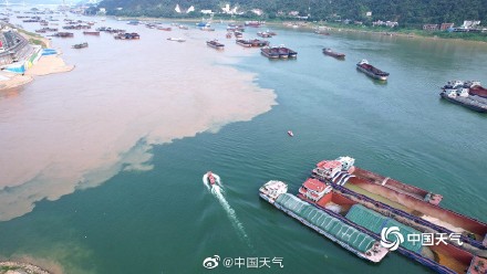 广西梧州出现鸳鸯江景观 一黄一绿泾渭分明