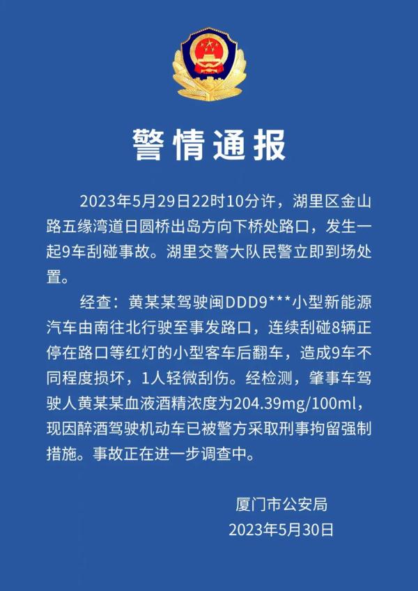一司机醉驾致9车连撞!厦门警方最新通报:刑拘 一司机醉驾致9车连撞!厦门警方最新通报:刑拘