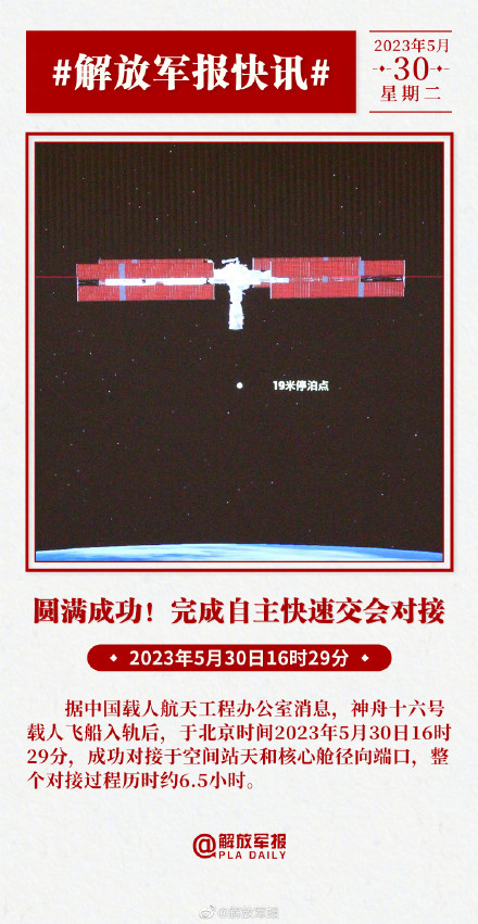 神舟十六号载人飞船与空间站组合体完成自主快速交会对接