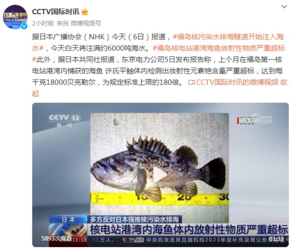福岛核污水排海隧道开始注入海水，海鱼放射性物质超标180倍