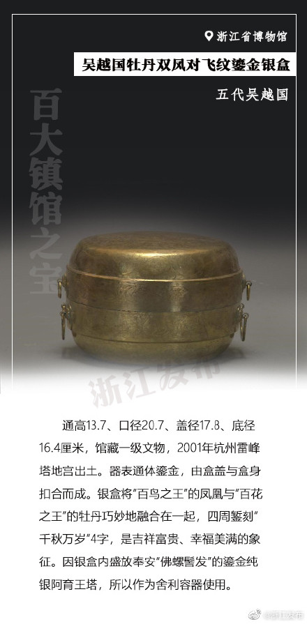 浙江“镇馆之宝”大赏——吴越国牡丹双凤对飞纹鎏金银盒