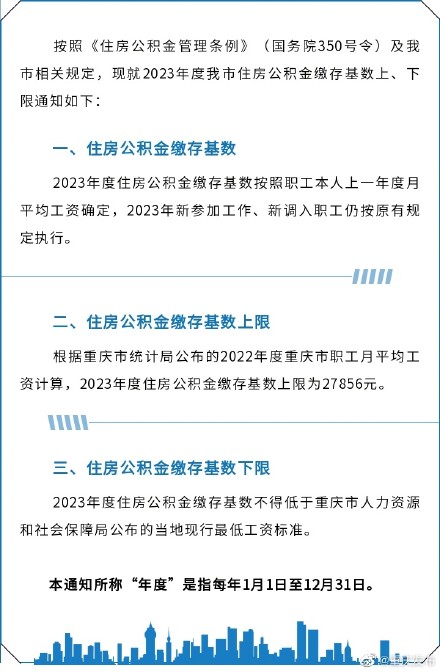 重庆2023年住房公积金缴存基数上限27856元
