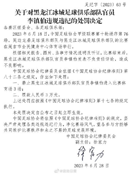 中国足协连开5张罚单