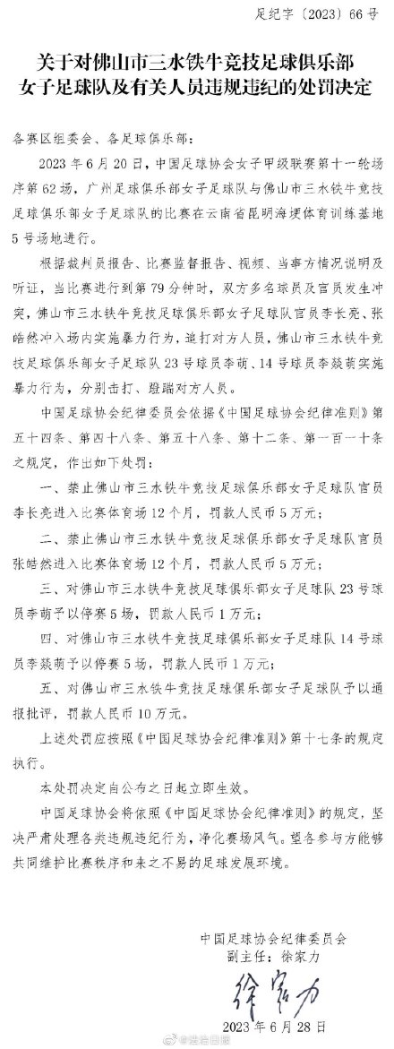 中国足协连开5张罚单