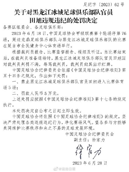 中国足协连开5张罚单
