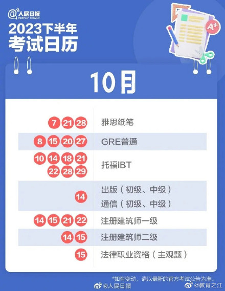 请收藏！2023下半年考事日历