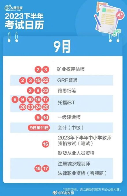 2023下半年考试日历 来了 2023下半年考试日历 来了