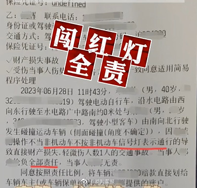 男子骑车闯红灯被跑车撞飞被判负全责 需赔几十万车损