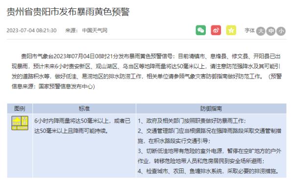贵阳，暴雨黄色预警！