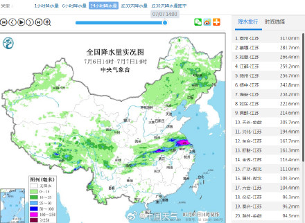 江苏多地遭遇暴力梅 泰州扬州等地出现特大暴雨