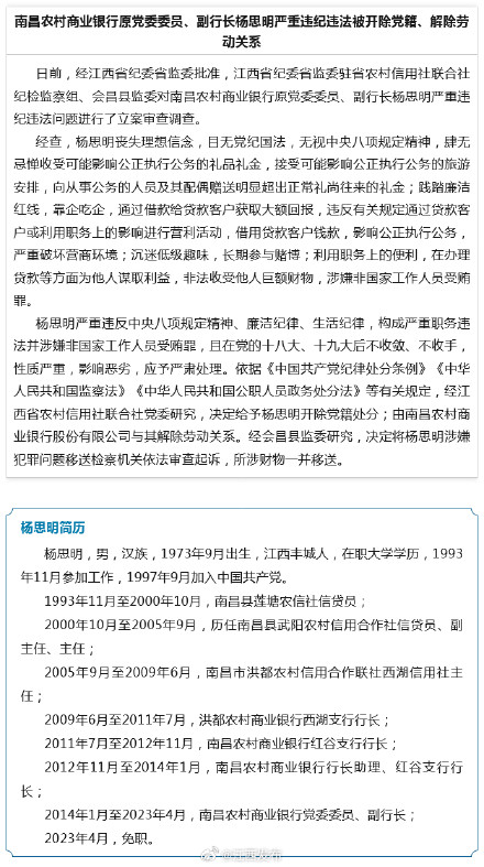 南昌农村商业银行原党委委员、副行长杨思明严重违纪违法被开除党籍、解除劳动关系