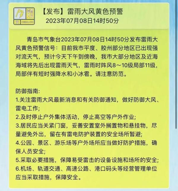 刚刚发布，雷雨大风黄色预警！青岛局部伴有短时强降水和小冰雹……