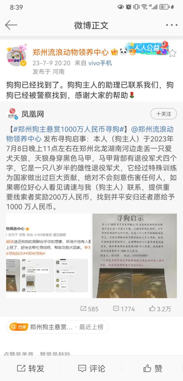有人悬赏1000万找狗?郑州流浪动物领养中心:已找到 有人悬赏1000万找狗?郑州流浪动物领养中心:已找到