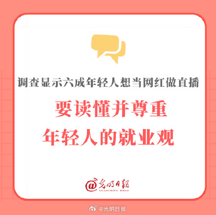 调查显示六成年轻人想当网红做直播 要读懂并尊重年轻人的就业观 调查显示六成年轻人想当网红做直播 要读懂并尊重年轻人的就业观