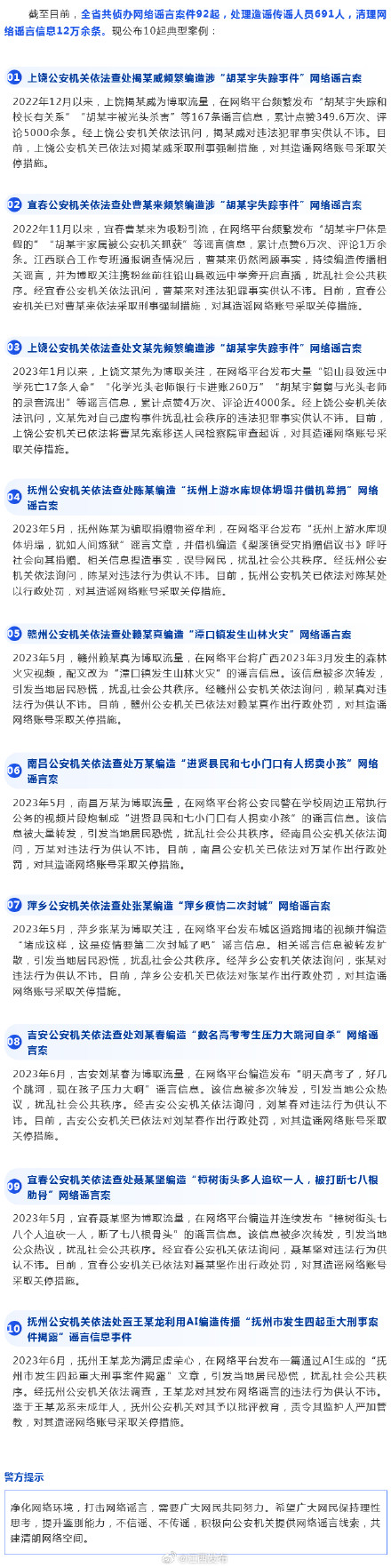 江西公布打击整治网络谣言10起典型案例