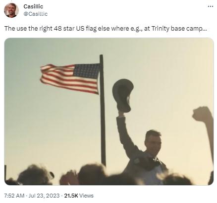 被挑错？美媒：《奥本海默》电影一幕美国旗“多出两颗星”，引网友热议