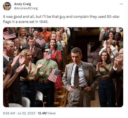 被挑错？美媒：《奥本海默》电影一幕美国旗“多出两颗星”，引网友热议