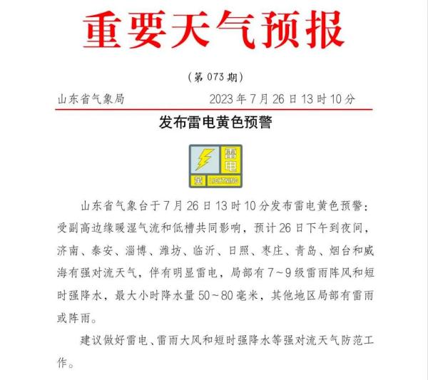 雷电黄色预警！山东10市有强对流天气