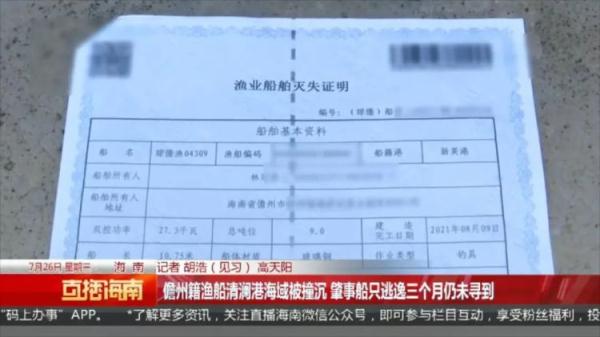 渔船深夜被撞沉，肇事船只逃逸三个月仍未找到