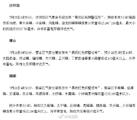 今晨重庆多地暴雨预警 沙坪坝、璧山、铜梁、潼南为红色预警