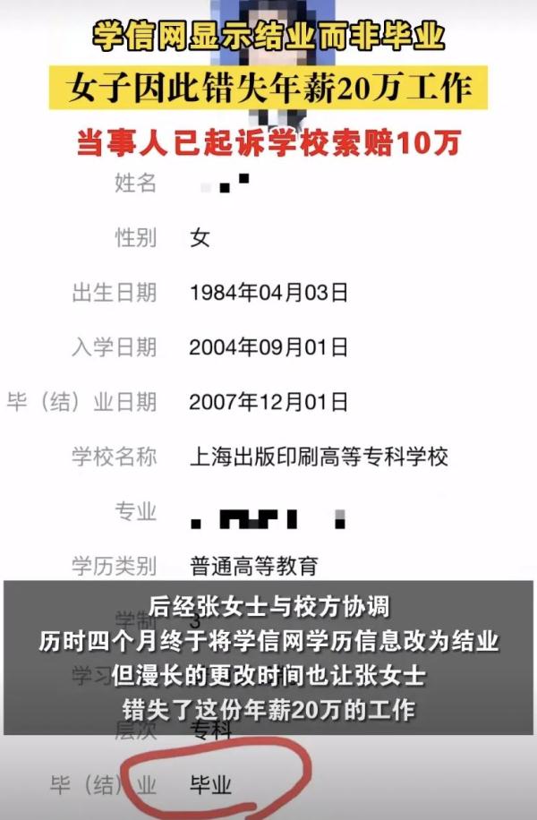 正常毕业学信网却显示结业？女子错失年薪20万工作起诉学校