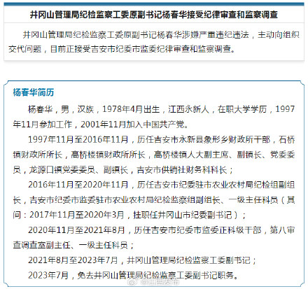 井冈山管理局纪检监察工委原副书记杨春华接受纪律审查和监察调查