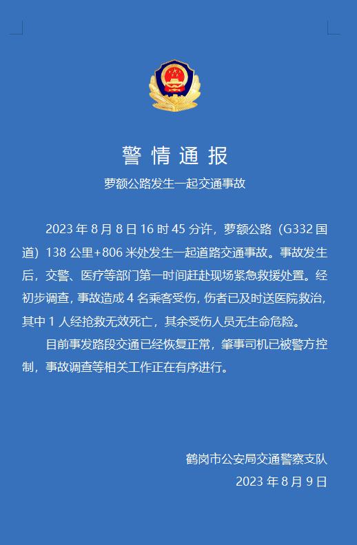 黑龙江鹤岗通报交通事故致1死3伤:肇事司机已被警方控制 黑龙江鹤岗通报交通事故致1死3伤:肇事司机已被警方控制