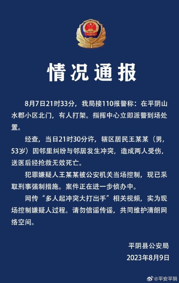 山东平阴县警方通报一小区有人打架：致2人死亡，嫌疑人被采取刑事强制措施