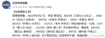 8月21日北京多趟次市郊铁路因降雨临时停运