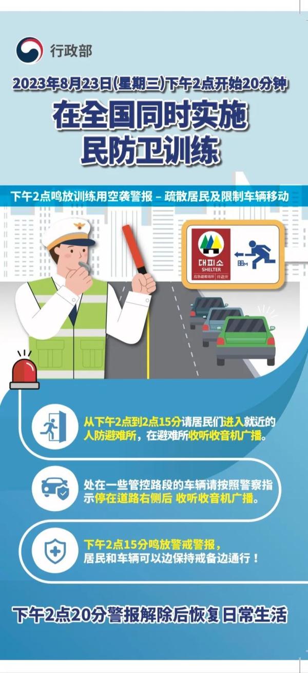 中国驻韩国大使馆：请在韩中国公民注意韩国民防卫演习