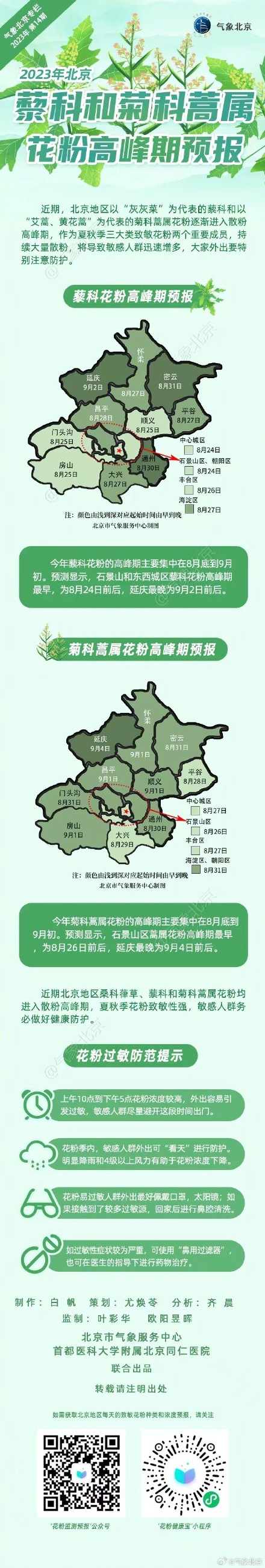 2023年北京藜科和菊科蒿属花粉高峰期预报 2023年北京藜科和菊科蒿属花粉高峰期预报