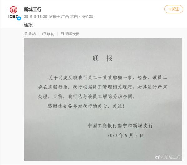 银行员工为虐猫团队头目？工商银行发布通报