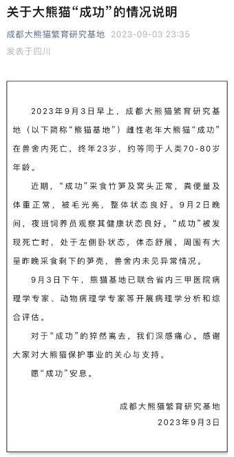 大熊猫“成功”猝然离世，网友伤心：“花花”没有妈妈了