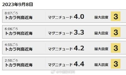 日本九州岛附近连发4次地震