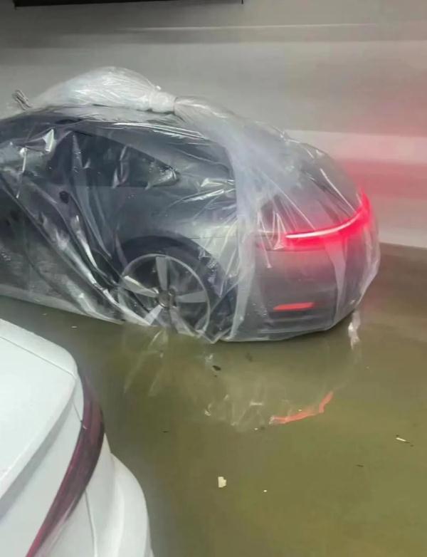 暴雨前，车主竟将车装进塑料袋：“整个车库就我这辆完好无损”