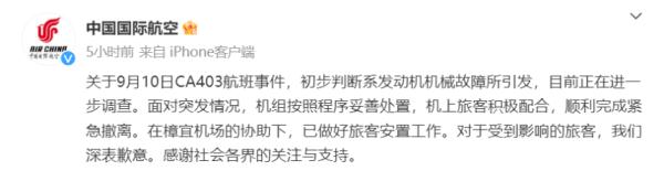 最新通报！成都飞新加坡CA403航班事件原因→